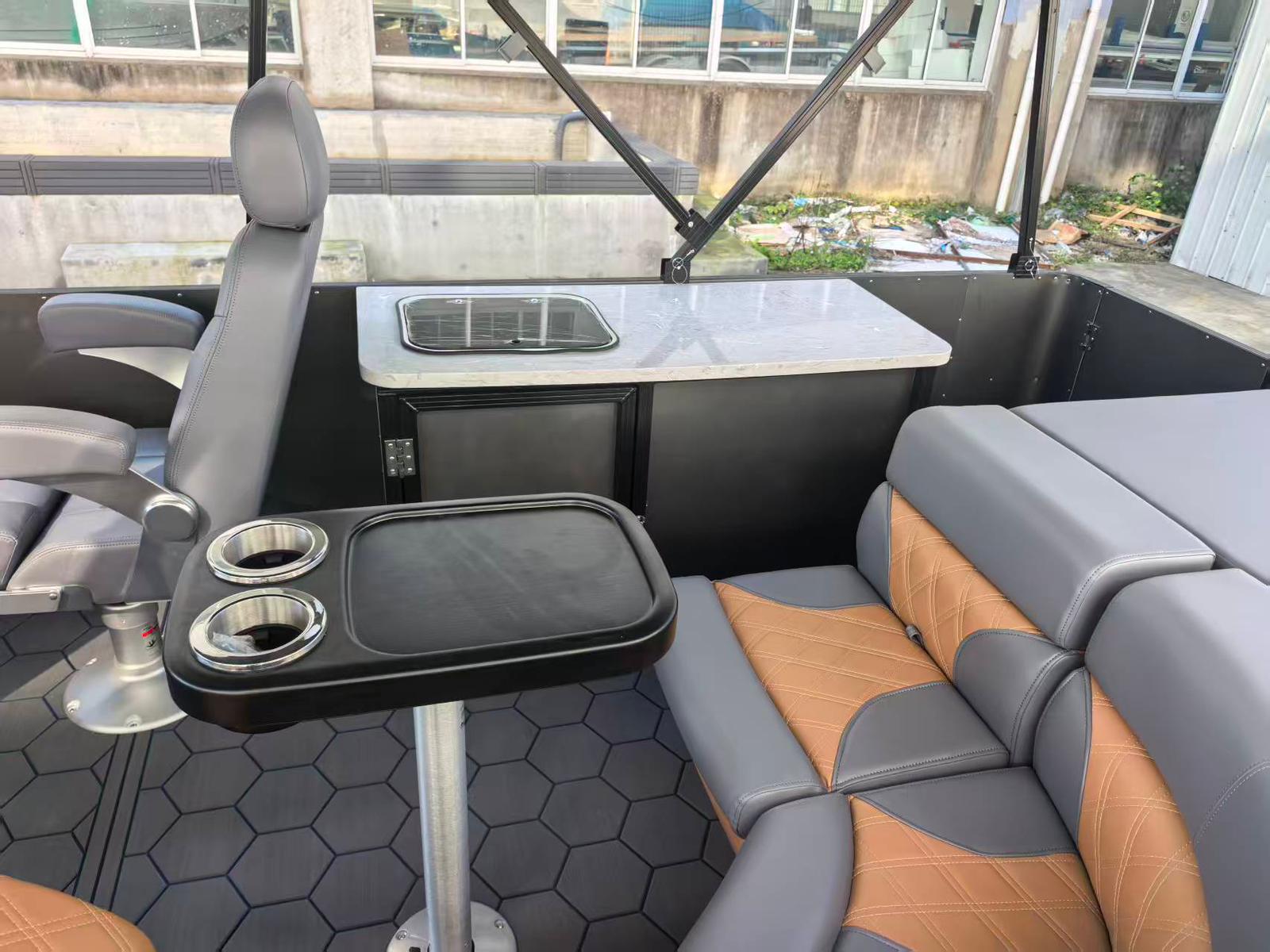 Helm station and entertaining area on the Pacific 250
